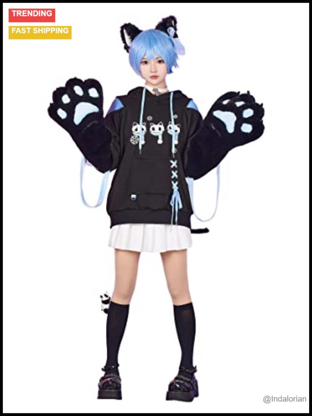 Detachable Paw Gloves Hoodie Sweatshirt Furry Cat Bag Gothic Skull